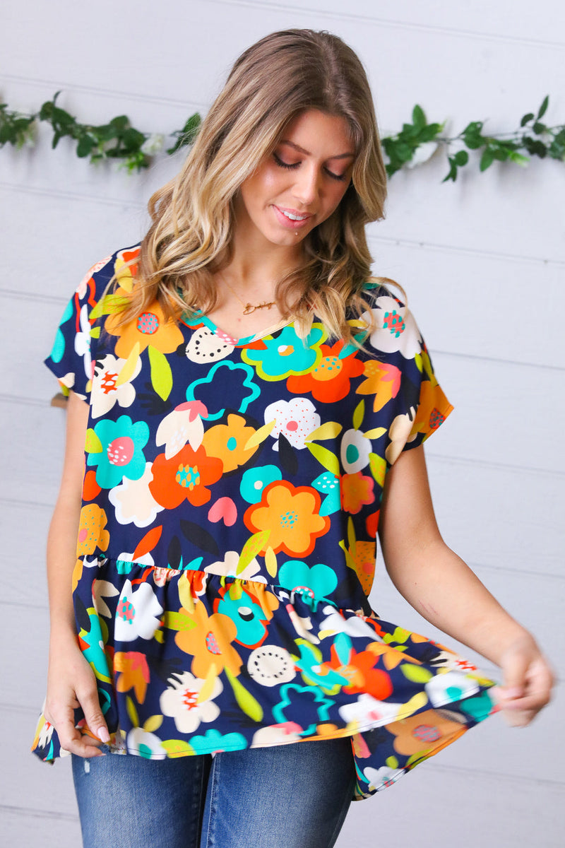 Navy & Green Geo Floral Babydoll Woven Top