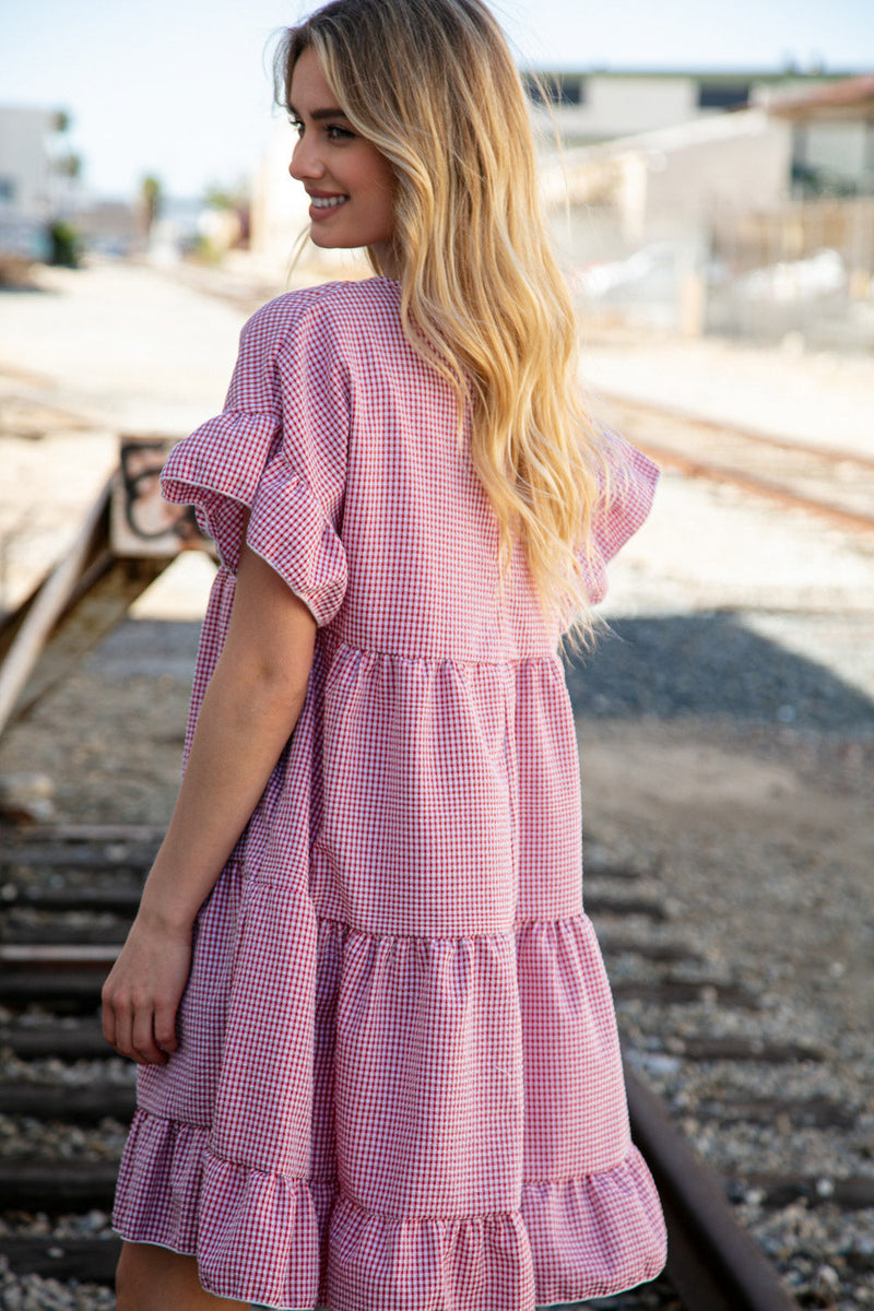 Red Ruffle Tiered Gingham Cotton Pocketed Dress