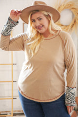 Taupe Cotton Blend Rib Aztec Jacquard Raglan Outseam Top -SALE