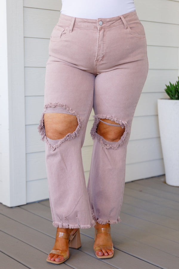 RISEN Babs High Rise Distressed Straight Jeans in Mauve