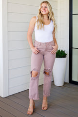 RISEN Babs High Rise Distressed Straight Jeans in Mauve