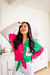 Cool Watermelon Two Toned Button Up Kelly Top