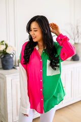 Cool Watermelon Two Toned Button Up Kelly Top