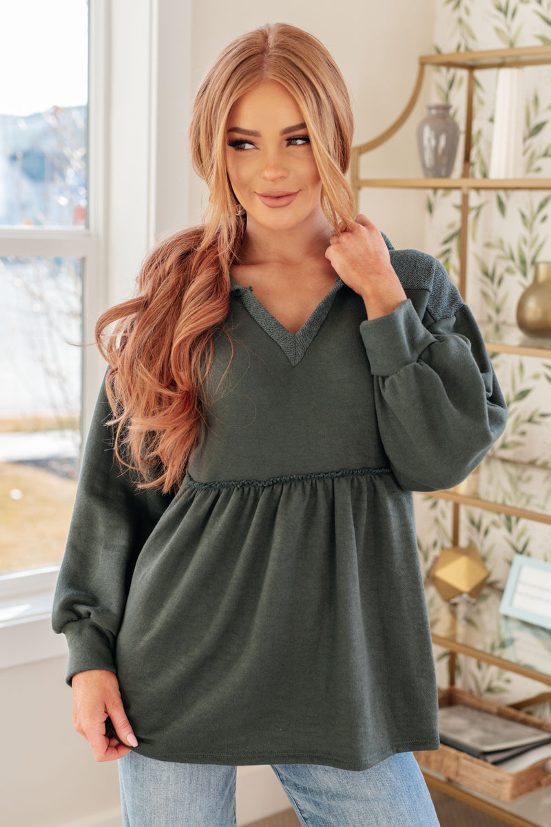 She's Not Wrong Hooded V-Neck Babydoll Pullover