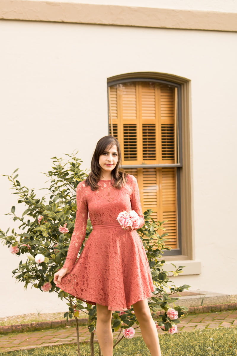 Lost In The Moment Lace Skater Dress In Rose