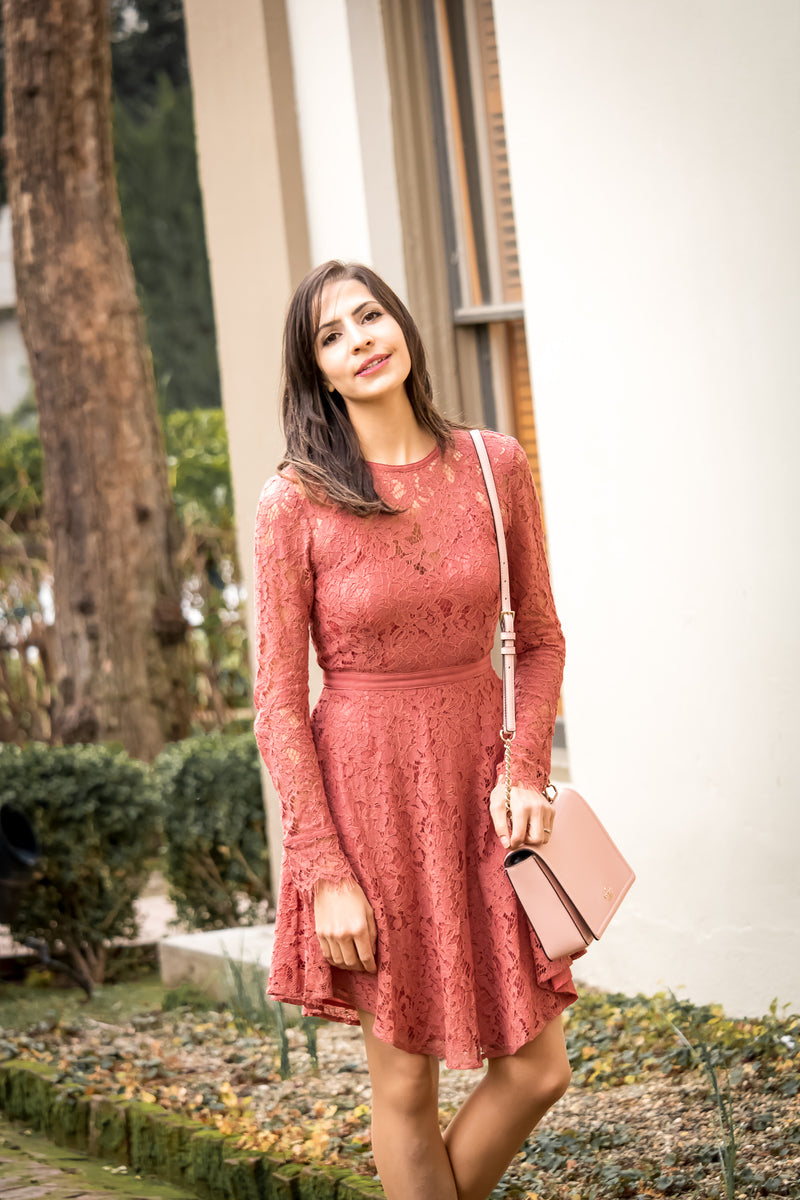 Lost In The Moment Lace Skater Dress In Rose