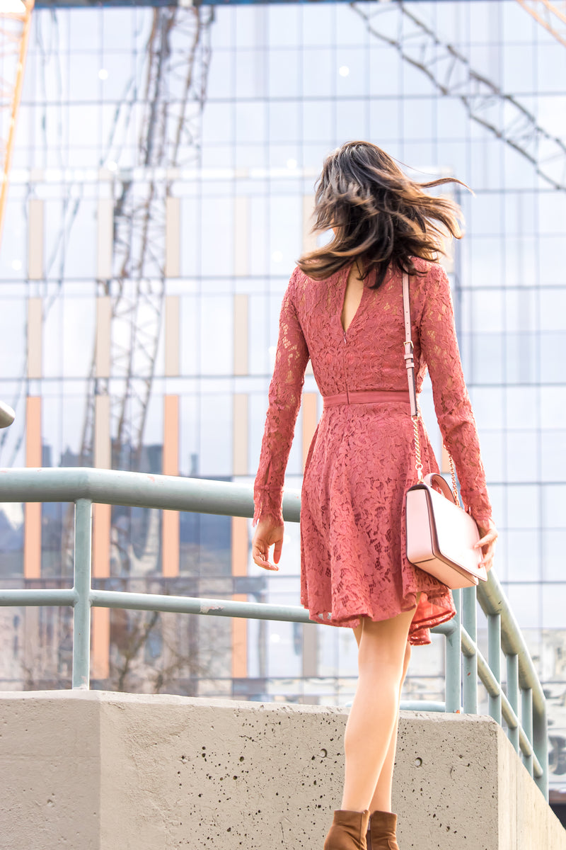 Lost In The Moment Lace Skater Dress In Rose