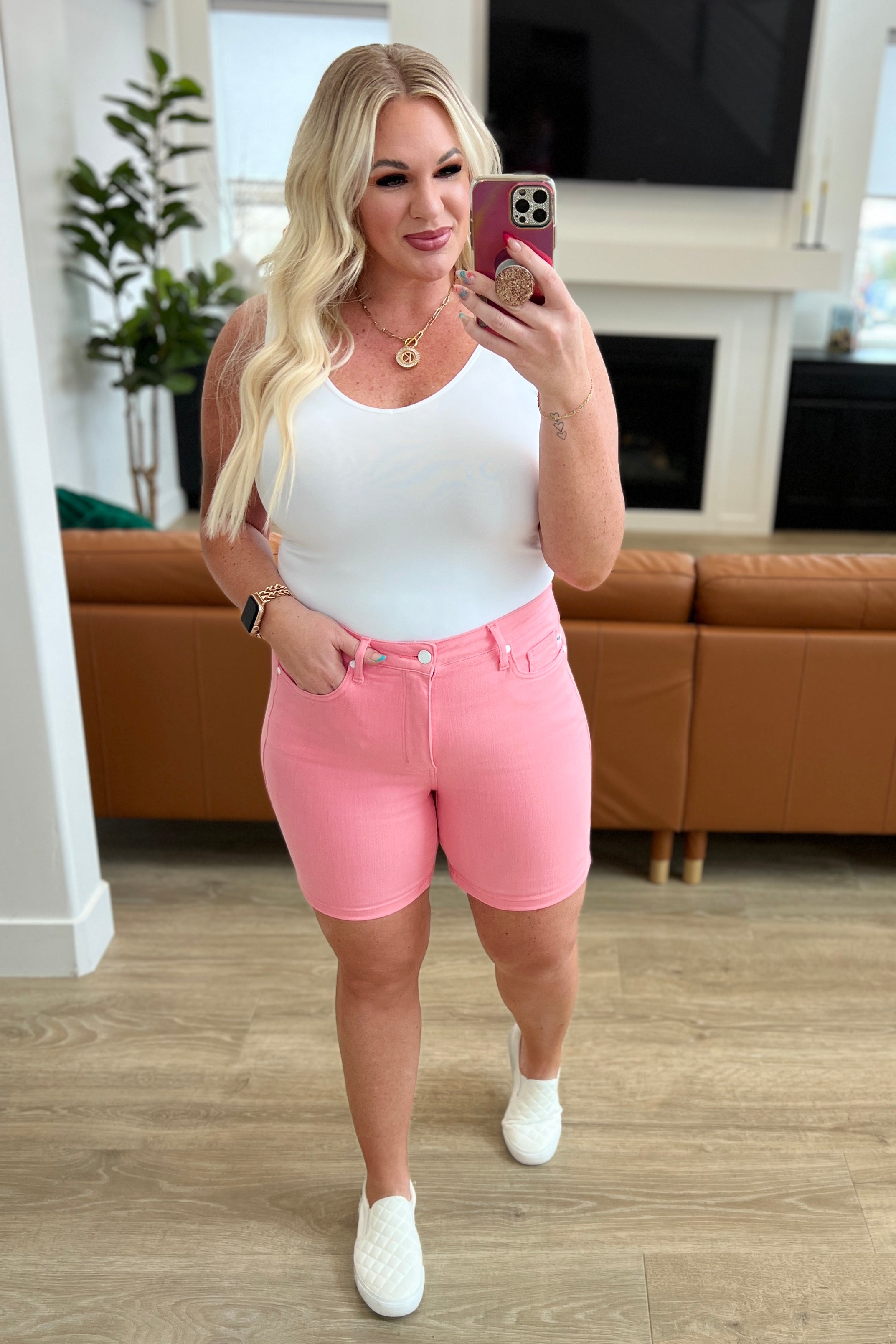 Judy Blue Jenna High Rise Control Top Cuffed Shorts in Pink