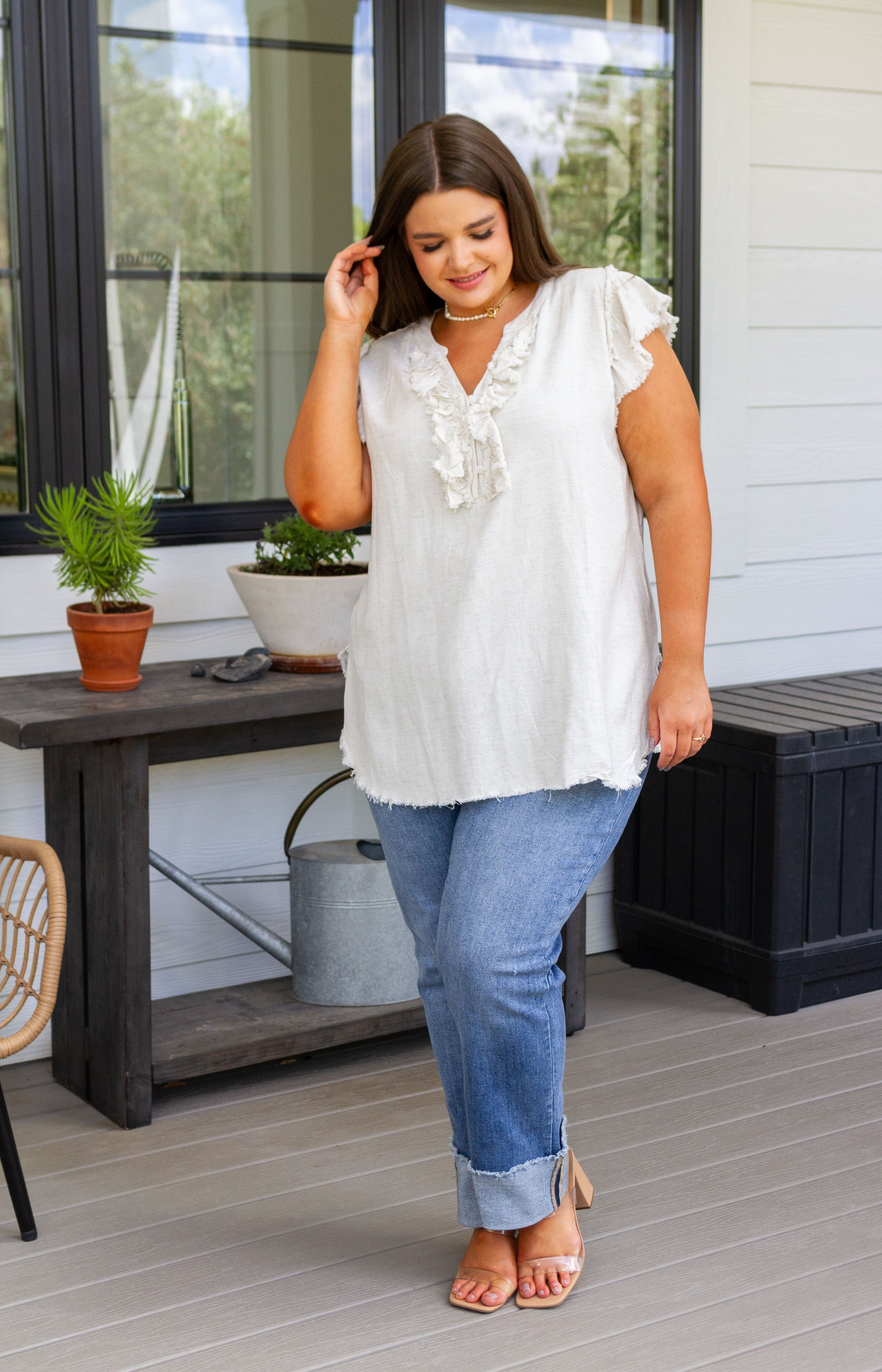 Linen Ruffle Detail Blouse