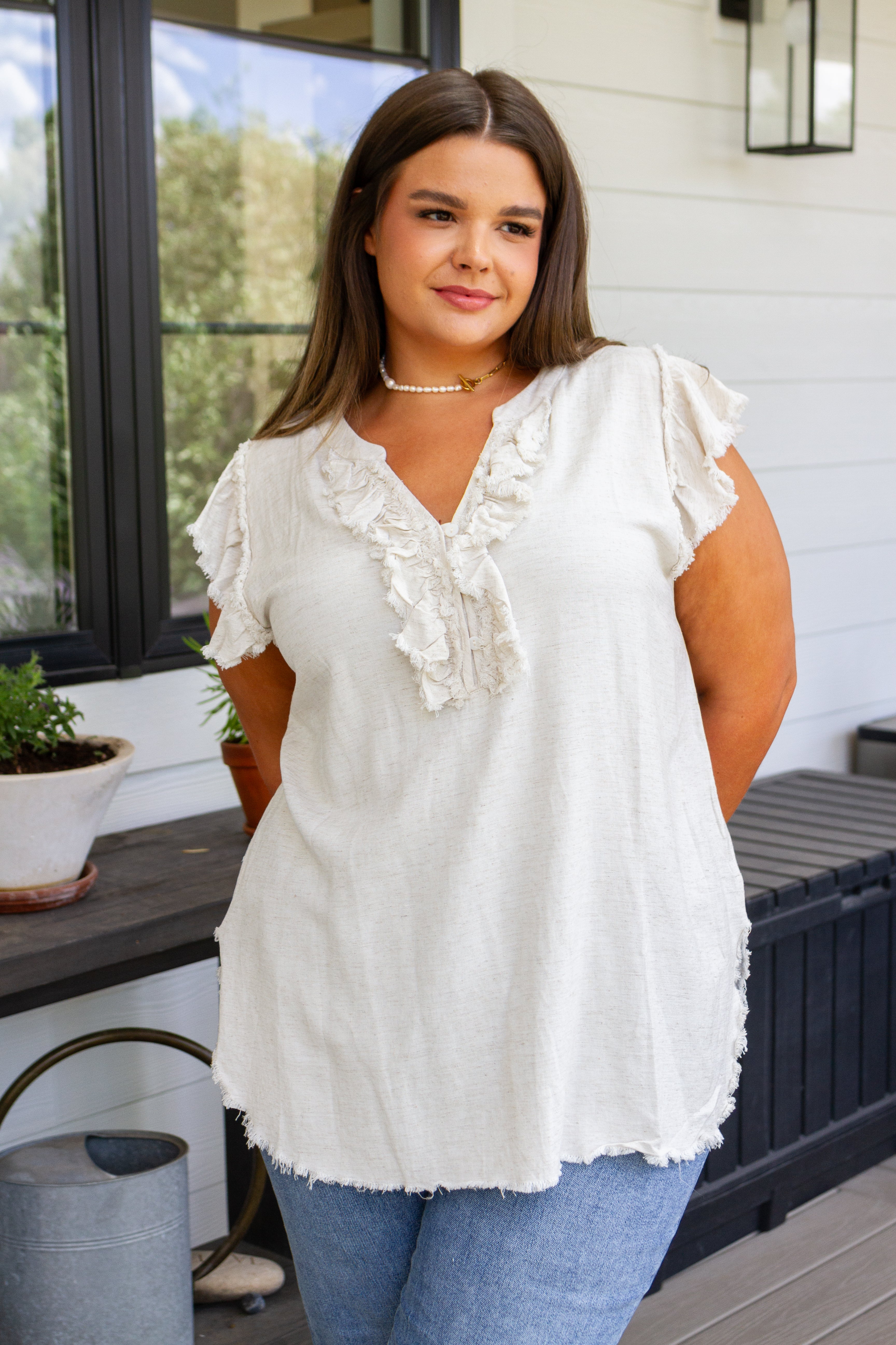 Linen Ruffle Detail Blouse