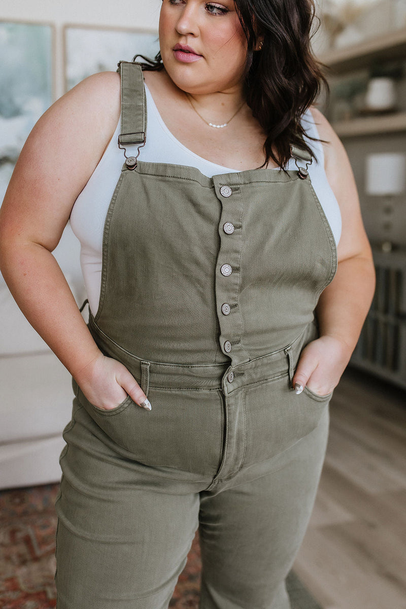 Judy Blue Control Top Release Hem Overalls in Olive