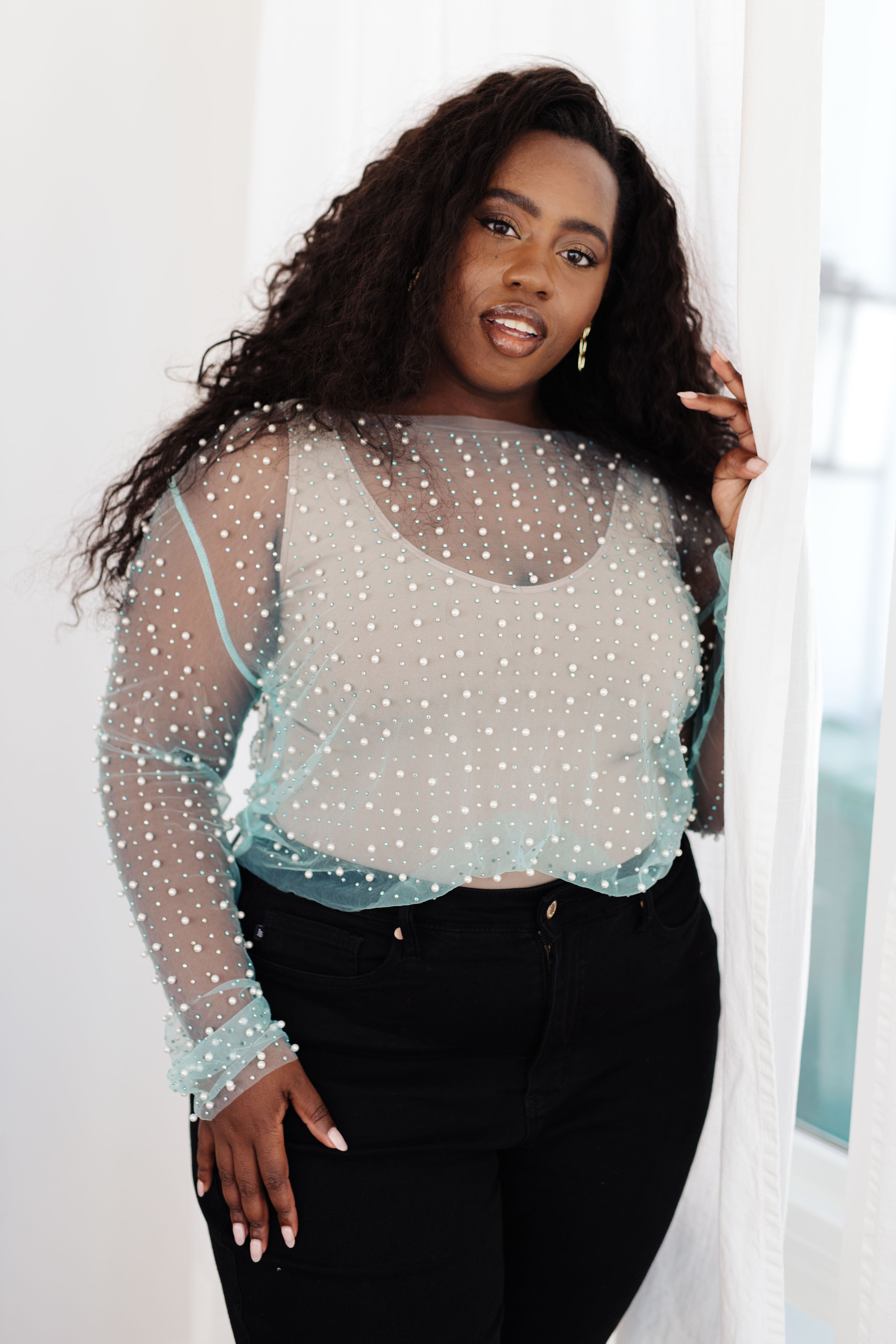 Pearl Top Diver Layering Top in Light Cyan