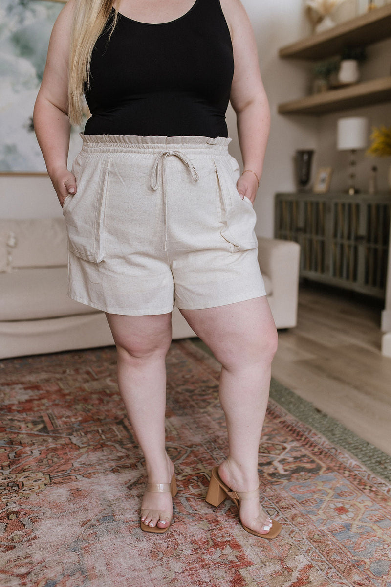 Womens Linen Shorts Elastic Waist Linen Blend Shorts in Oatmeal