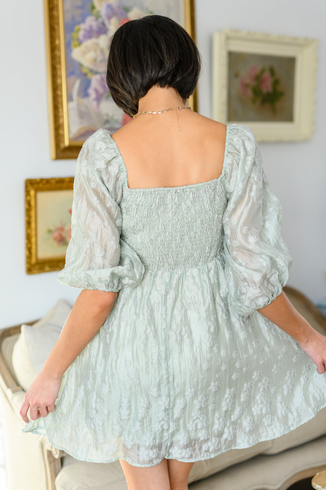 Spotting Fairies Puff Sleeve Dress in Sage Final -SALE-