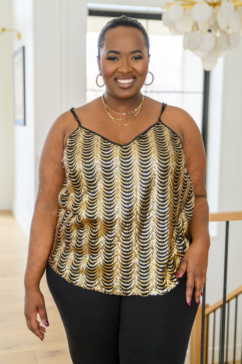 Sequin V-Neck Tank in Gold Final -SALE- (Size Large Left)