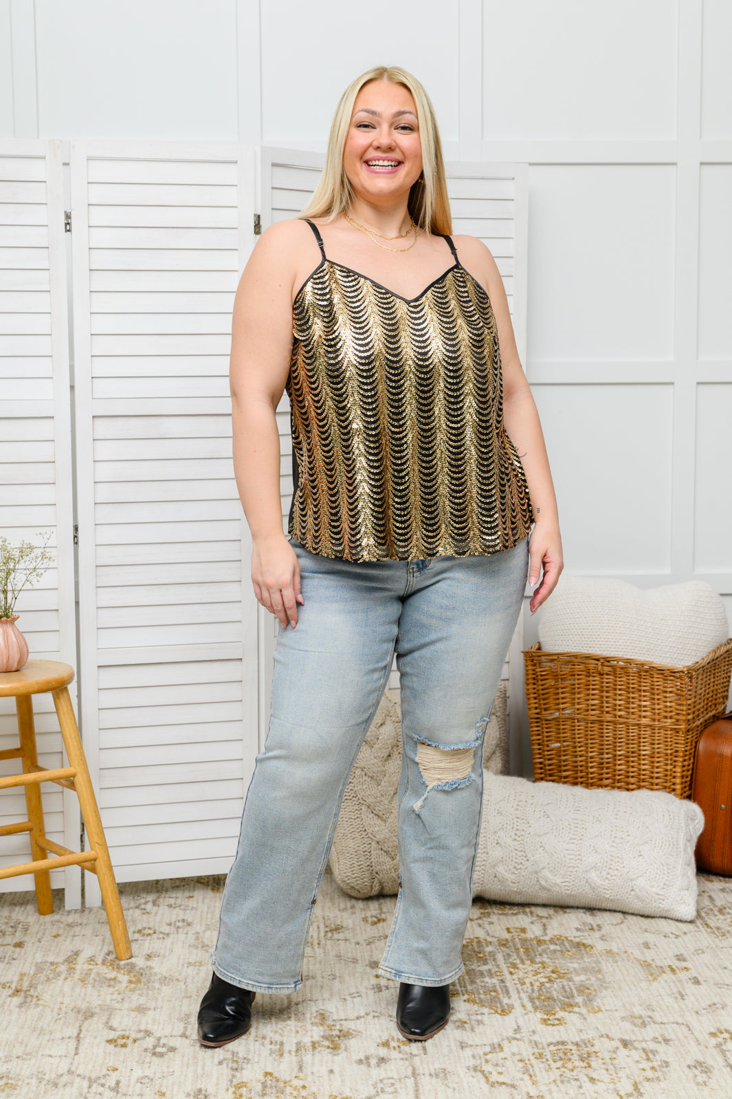 Sequin V-Neck Tank in Gold Final -SALE- (Size Large Left)