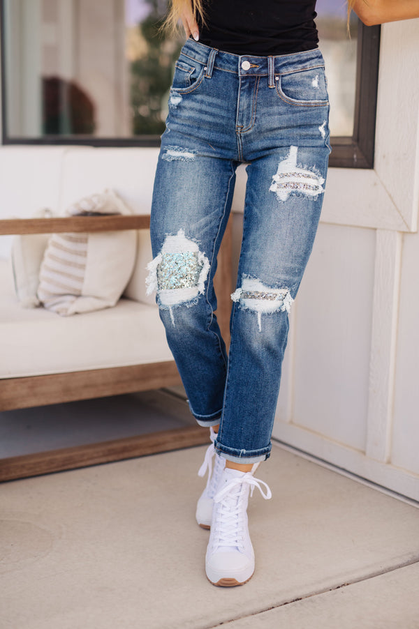 RISEN Suki Mid Rise Sequin Patch Tapered Jeans