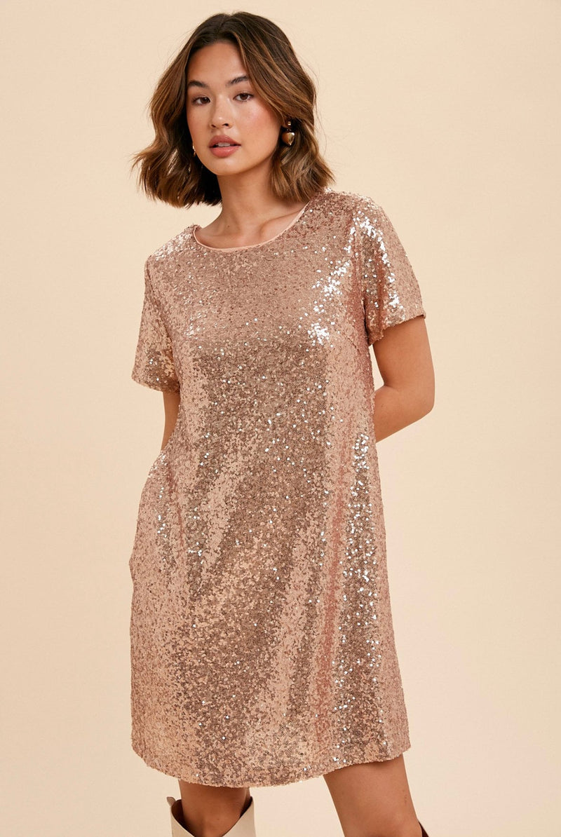 Taylor Swifty Sequin Dress In Rose Gold Era -SALE- (SIZE SMALL + MEDIUM LEFT)