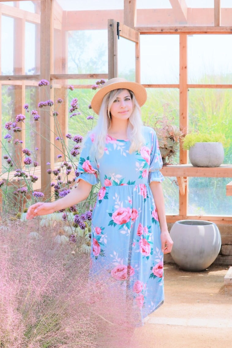 Rose Midi Dress In Powder Blue