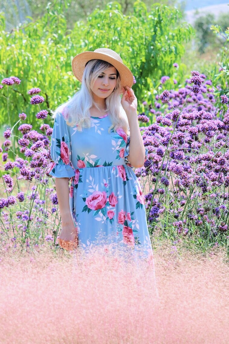 Rose Midi Dress In Powder Blue